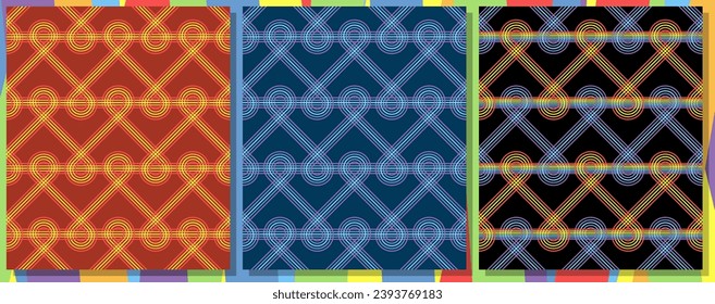 Colorful strings with loops and straight lines through the loops Set of seamless pattern. Vector collection.