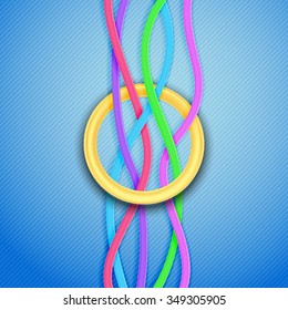 Colorful strings (ribbons) with circle. Textured background with lines. Vector illustration