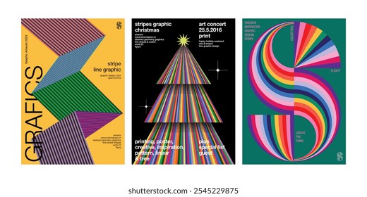 Coleção de cartazes de listras coloridas desenho gráfico arte da árvore de Natal papel em ziguezague S arco-íris inicial círculo vívido redondo padrão de linha reta abundância de interação de cores moderno estiloso moderno na moda