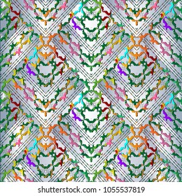 Colorful striped 3d seamless pattern. Light vector background with vintage ornament in baroque style. Modern design. Zigzag stripes, figured lines, colored shapes, frames, borders. Luxury wallpaper