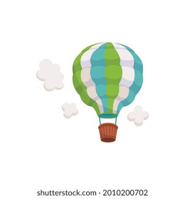 Colorful striped air balloon floating among clouds, flat vector illustration isolated on white background. Vintage hot air balloon the symbol of travel and explore.