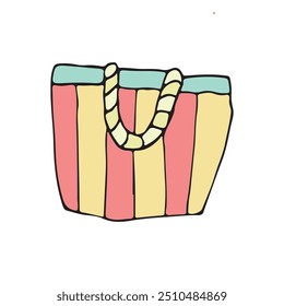 Colorful striped beach bag illustration perfect for summer vacations. Ideal for seaside travel, this trendy tote is both stylish and functional.