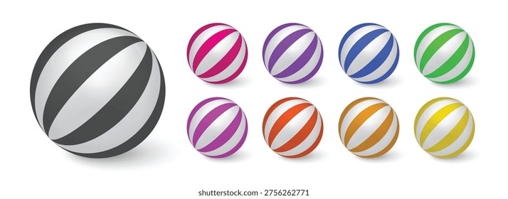 Colorful Striped Beach Ball Set 3D Vector Illustration Isolated on White Background Circus Style Sphere Collection