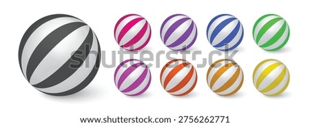 Colorful Striped Beach Ball Set 3D Vector Illustration Isolated on White Background Circus Style Sphere Collection