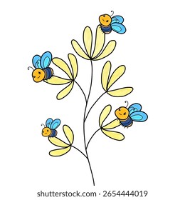 Abeja rayada colorida con alas, insecto, flor, corazón, dibujo de los niños del Vector, combinación de Elementos