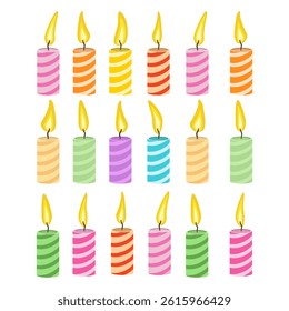 Colorful Striped Birthday Candles Burning Brightly on White Background