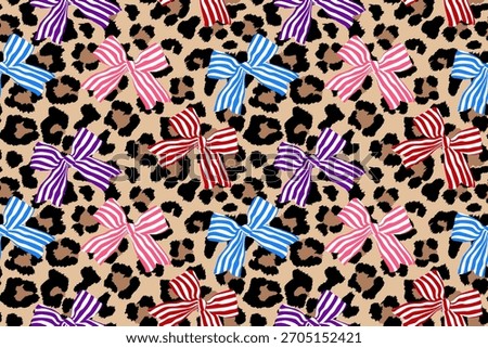 Colorful striped bow elegance over bold leopard print seamless pattern