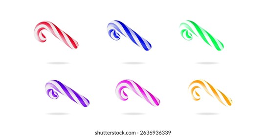 Colorful striped candy cane 3d vector illustration set icon. Sweet Christmas and New Year holiday tradition, sugary dessert.
