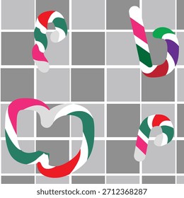 Patrón de cañas de caramelo a rayas de colores en un Vector de fondo a cuadros
