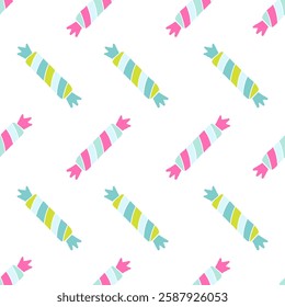 Colorful striped candy pattern on a white background. Seamless vector design for wallpaper, textile, wrapping paper, and greeting cards. Sweet and confectionery theme.