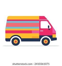 A colorful striped delivery van is stationary in this vector illustration.