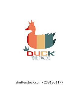 Colorful striped duck in a crown. Logo with text on white background. Vector illustration