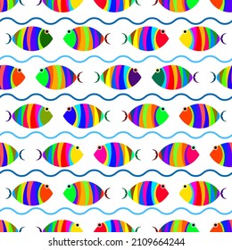 Patrón sin soldadura de peces a rayas coloridas aislados en una ilustración vectorial de fondo blanco.