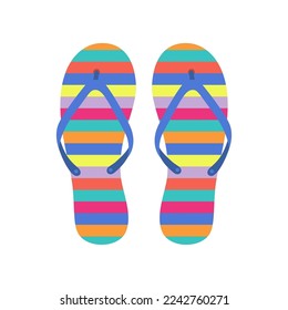 La colorida y rayada hojeada hace que la ilustración vectorial sea plana. Zapatillas de goma con motivos gráficos para caminar en la calle o en la playa con fondo blanco. Calzado, zapatos, concepto de verano