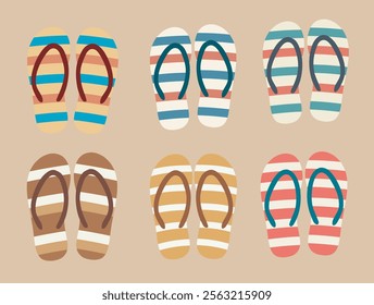 Colorful Striped Flip-Flops for a Summery Vibe. A cheerful collection of colorful striped flip-flops, perfect for showcasing a summery mood or a beach-themed design