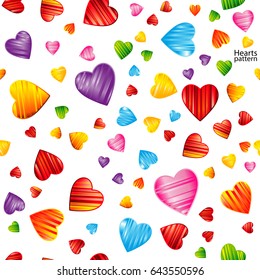 Colorful striped hearts pattern. Valentine's day, wedding, romantic seamless background, vector design illustration.