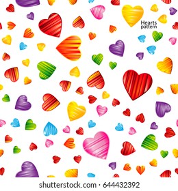 Colorful striped hearts pattern. Valentine's day, wedding, romantic seamless background, vector design illustration.