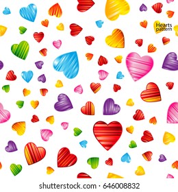 Colorful striped hearts pattern. Valentine's day, wedding, romantic seamless background, vector design illustration.