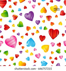 Colorful striped hearts pattern. Valentine's day, wedding, romantic seamless background, vector design illustration. 