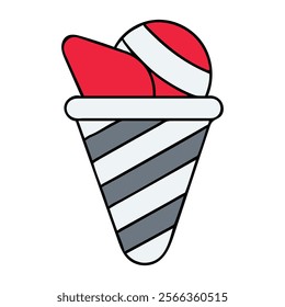 Colorful Striped Ice Cream Cone with Red Ice Sphere