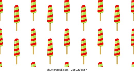 Colorful striped ice cream pops displayed in a cheerful pattern on a white background