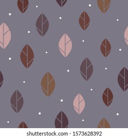 Colorful striped leaves with white spots on grey-purple background. Seamless autumn pattern.