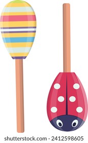 Colorful striped maracas next to a red ladybug themed maraca. Musical instruments, percussion, cartoon style vector illustration.