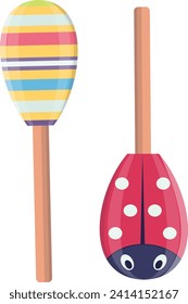 Colorful striped maracas next to a red ladybug themed maraca. Musical instruments, percussion, cartoon style vector illustration.