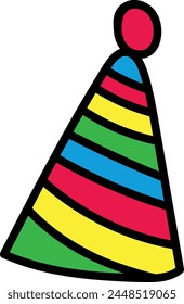 Colorful striped party hat topped with a small red ball.