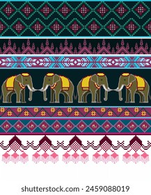 A colorful striped pattern with elephants on it. The elephants are facing each other and are surrounded by a variety of other patterns. Scene is playful and whimsical.