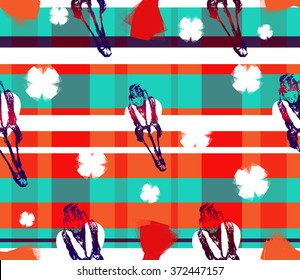 Colorful striped pattern with a hand drawn girl, flowers and bows 