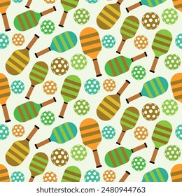 Colorful Striped Pickleball paddles seamless pattern with balls. For sportswear, fabric and textile. 