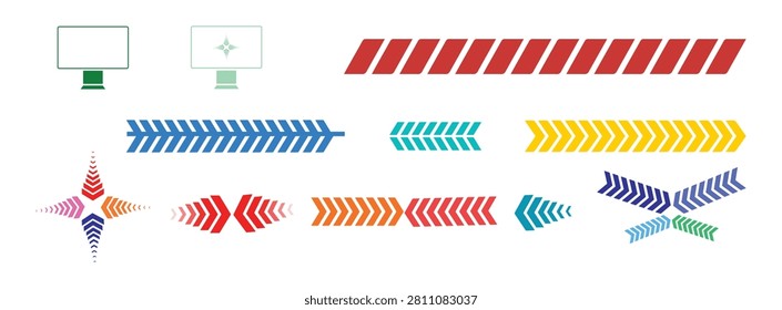 Colorful striped ribbons with zigzag patterns, bows, and curls in red, blue, yellow, green, and orange