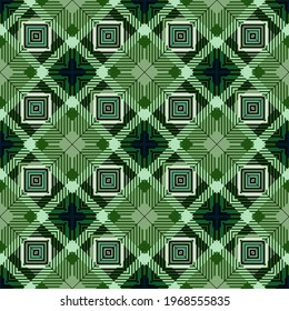 Colorido patrón a rayas sin costura. Fondo del vector ornamental. Fondo de repetición geométrica verde. Ornamentos tribales étnicos abstractos con rayas, líneas de zigzag, cuadrados, rhombus, formas. Diseño moderno.