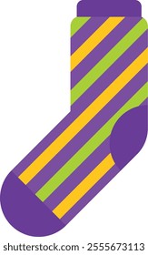 Colorful striped sock representing the festive spirit of mardi gras, featuring purple, green, and gold diagonal stripes, symbolizing justice, faith, and power