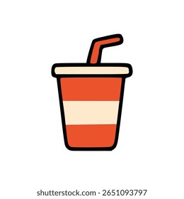 Colorful striped soda cup with straw in cartoon hand drawn flat style on white background