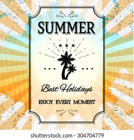 Colorful, striped, summer background, poster, card with many, white flowers, sun, sea, text Summer, Best Holidays, Enjoy Every Moment, black palm trees