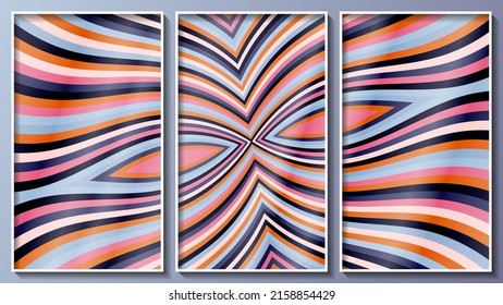 Colorful striped triptych. Surface formed by multi-colored smooth stripes. Three images in white thin frames. Vector.