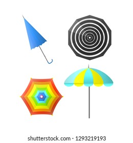 Colorful striped umbrellas with rainbow colors, red heart-shaped, on metal stick and purple of unusual form for protection from sunbeams isolated cartoon flat vector illustration on white background.