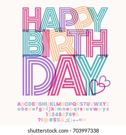 Colorful striped vector alphabet. Graphic font with text for greeting card Happy birthday