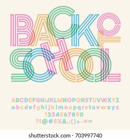 Colorful striped vector alphabet. Graphic font with original text Back to school