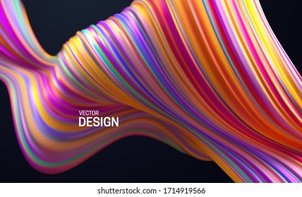 Colorful striped wave. Liquid flowing shape. Vector 3d illustration. Abstract colorful background. Vibrant gradient stream. Fluid paint wallpaper. Modern cover design