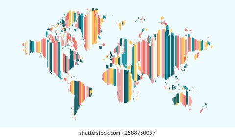 Colorful striped world map. World map features a unique design composed of colorful vertical stripes. Creative way, making it ideal for educational materials, travel-themed projects.