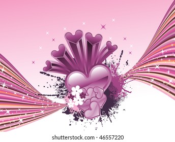 colorful stripes background with grungy heart, blossoms