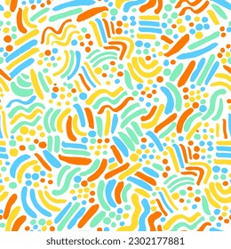 Colorful stripes dots and doodle, vector seamless playful pattern in bright colors, abstract background