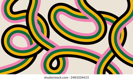 Colorful stripes on beige background. Abstract vector hand drawn design with copy space. Trendy groovy panoramic banner template. Hippie backdrop in retro 60-70s style
