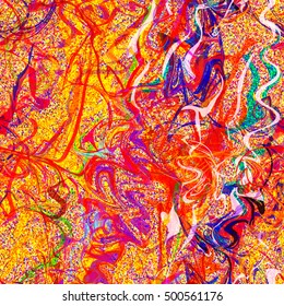 Colorful stripes over triangle pattern. Gold, yellow, red, blue, purple. Small triangular elements. Glitter sparkle. Detailed design. Abstract lines seamless. 