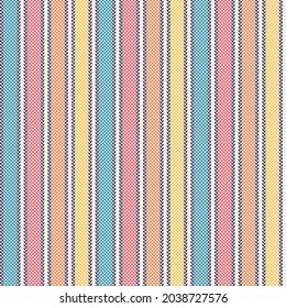 Colorful stripes pattern with herringbone texture in blue, red, orange, yellow, beige. Seamless multicolored stripe print for shirt, dress, skirt, other modern spring summer autumn winter textile.