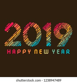 colorful stripes style 2019 new year text written, card design vector illustration