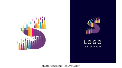 Colorful stripes transitioning into pixel-like elements fat logo template, letter S, abstract equalizer logotype for tech, creative studio, media, digital branding. Vector illustration